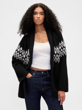 GAP Black Wool Blend Shawl Open-Front Cardigan with White Geometric Pattern